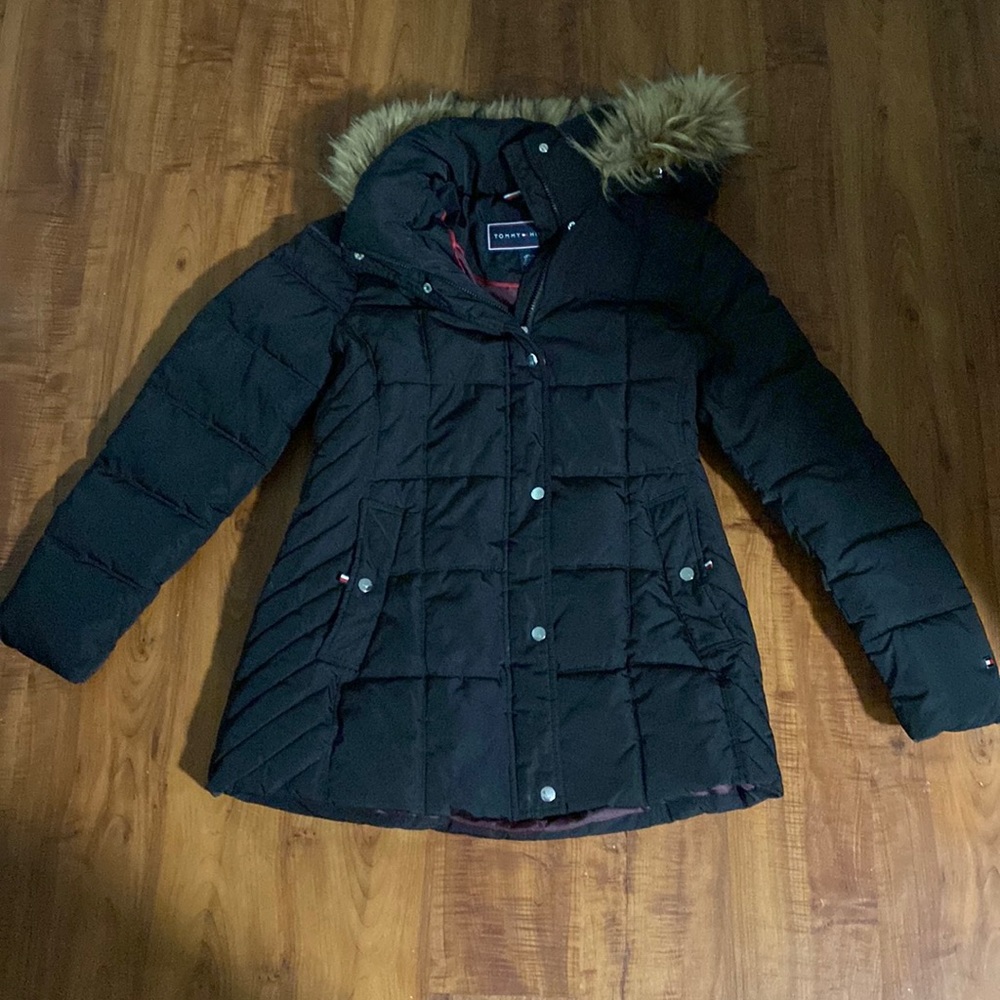Tommy Hilfiger Womens Faux-Fur-Trim Hooded Puffer Coat